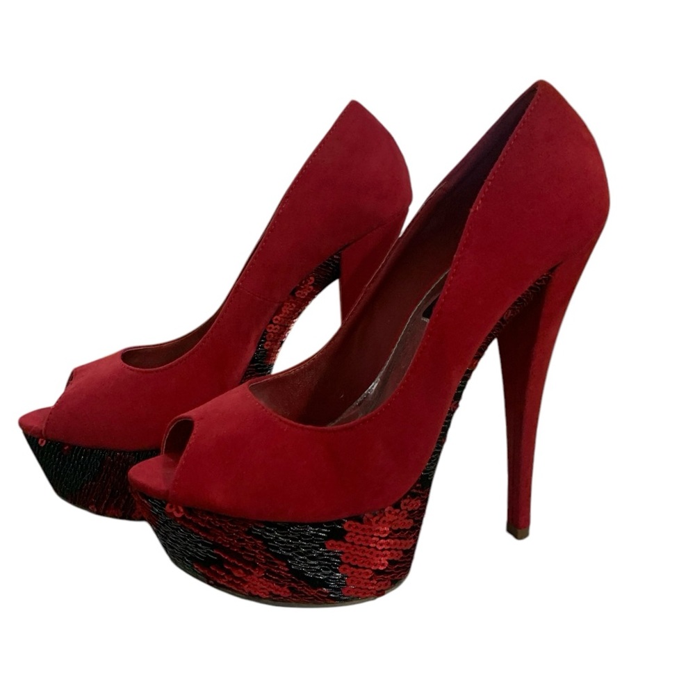 2Lips Too like new red faux suede 6" heel sequin platform